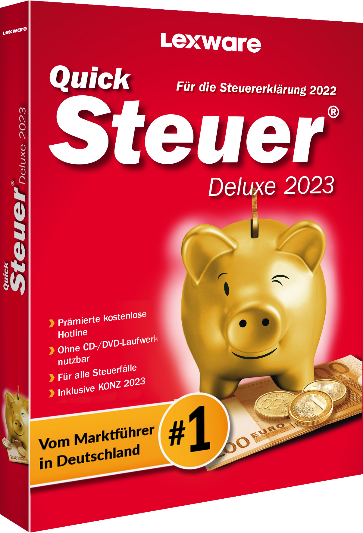 Produktbild: Lexware Quicksteuer Deluxe 2023 für die Steuererklärung 2022, Prämierte kostenlose Hotline, ohne CD-/DVD-Laufwerk nutzbar, für alle steuerfälle, Inklusive KONZ 2023, vom Marktführer in Deutschland